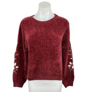 Jun & Ivy Maroon Red Floral Embroidered Balloon Long Sleeve Velour Sweater Top L